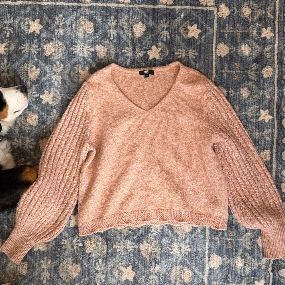 Frye Blush Pink V-Neck Cable Balloon Sleeve Sweater